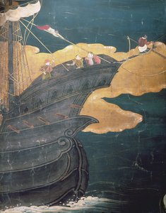 A chegada dos portugueses no Japão, detalhe da proa do navio, de uma tela de Namban Byobu, 1594-1618